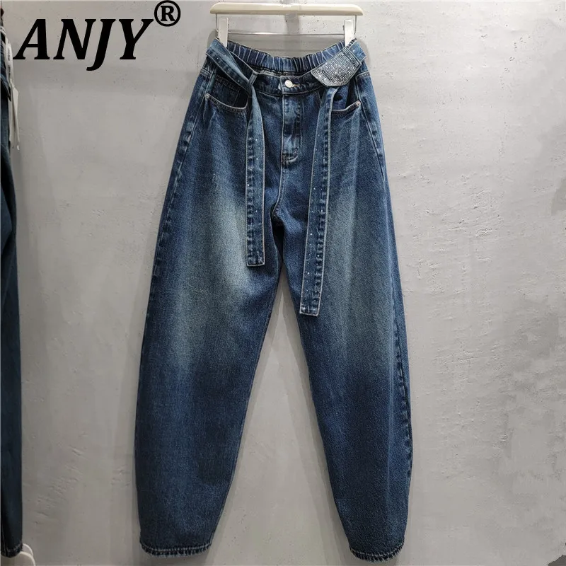 ANJY Spring Autumn New Women Chic Washed Diamonds Sashes Design Straight Leg Jeans Trendy Fashion High Street Denim Pants A28221