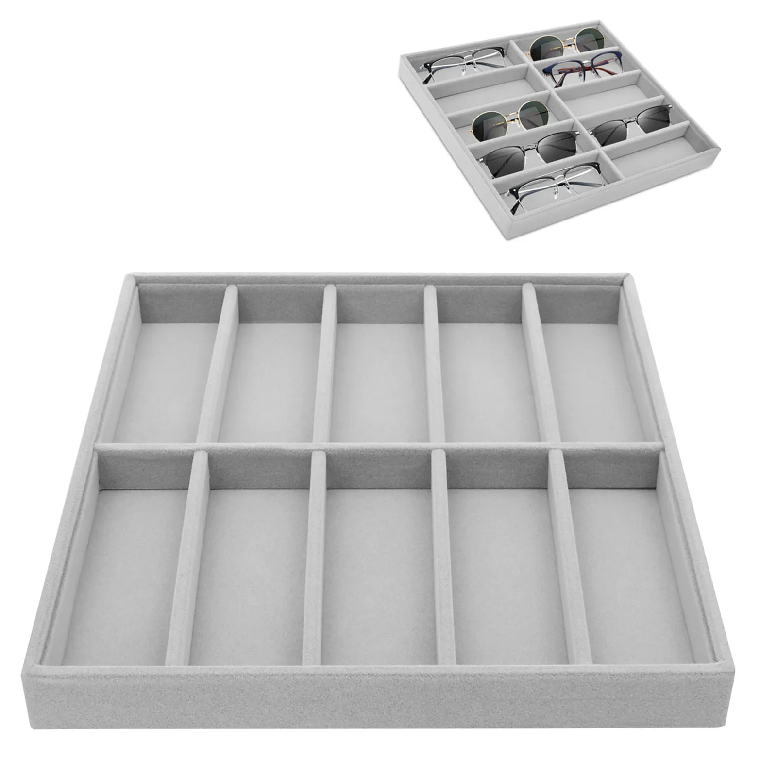 منظم النظارات الشمسية مكون من 10 فتحات من القطيفة، صينية عرض قابلة للتكديس، منظم تخزين مجموعة ملابس العين لعرض المنزل
