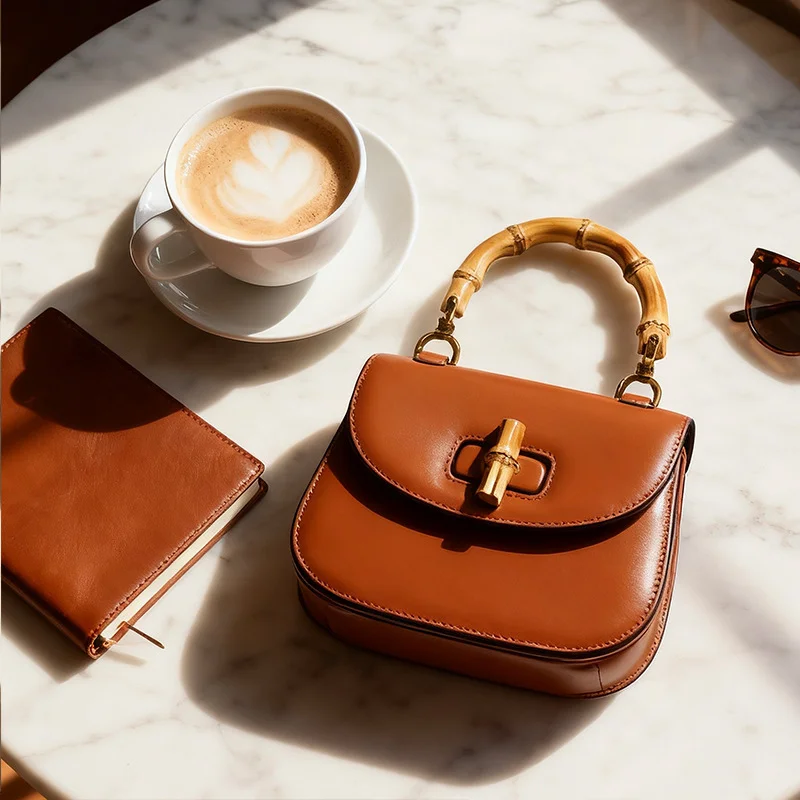 

Vintage Bamboo Node Leather Handbag High-End Feel New Single Shoulder Slant Crossbody Bag Women's Soft Purses Handbags Satchel