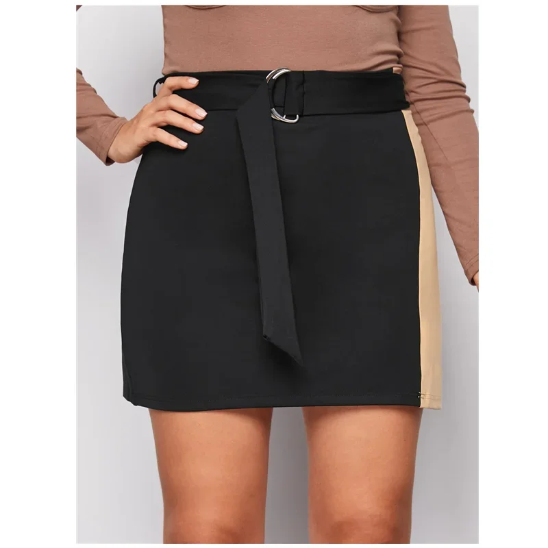 Plus Size Tie Waist Summer Elegant Straight Skirt Women Color Blocked Casual Mini Skirt Plus Size Work Office Bottoms 6XL 7XL