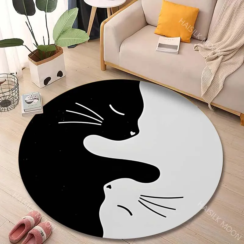 1PC Black and white cat Yin-Yang Print Round Carpet for Living Room Bedroom Sofa Table Floor Mat Area Rug Luxury Gift