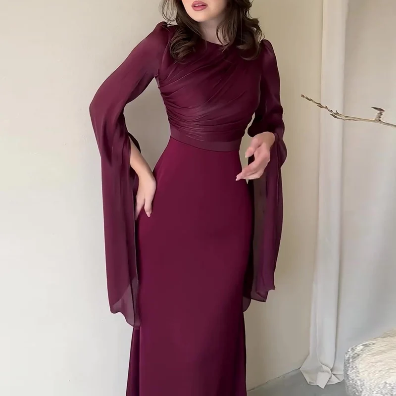 Vestido largo elegante con mangas de murciélago y pliegues de cintura alta, vestido liso de satén a la moda, vestido de noche ajustado con cuello redondo y temperamento para mujer