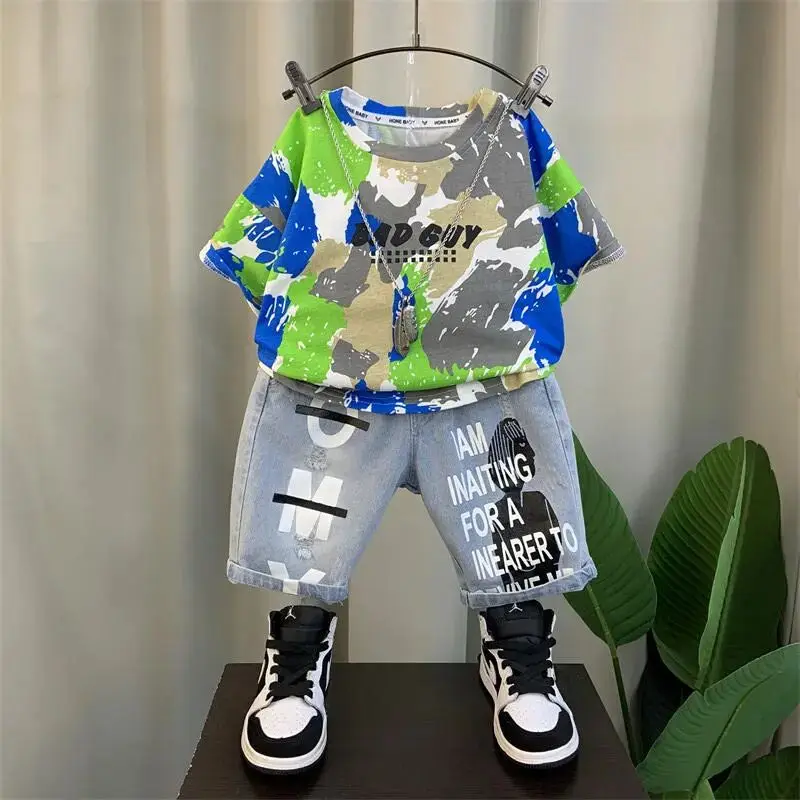 Meninos roupas de verão moda infantil manga curta conjunto nova edição coreana moda meninos verão fino casual conjunto de duas peças