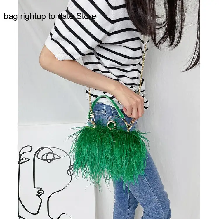 Retro Pure Color Rose Red Camel Feather Box Pu Chain Cross Shoulder Fluffy Small Square Bag for Women