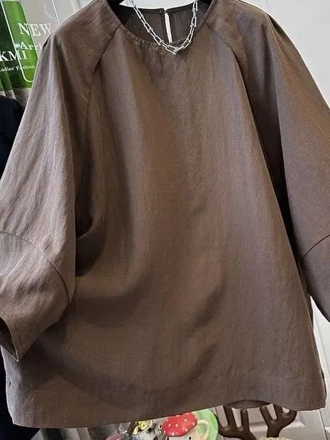 

plus Size Women's Shirt Lantern Sleeve Spring Summer Seven-Quarter Sleeve Loose Fit round Neck Pullover Polyester Fiber