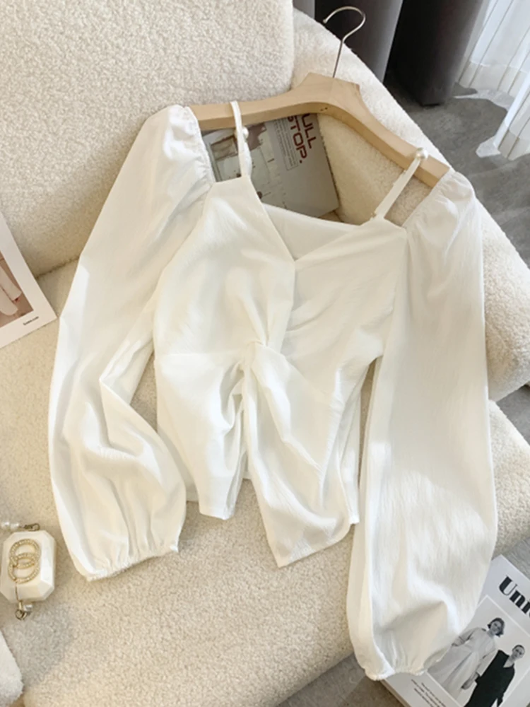 

Французская женская блузка с длинным рукавом и V-образным вырезом, с открытыми плечами, весенняя мода 2026, новинка, повседневная одежда