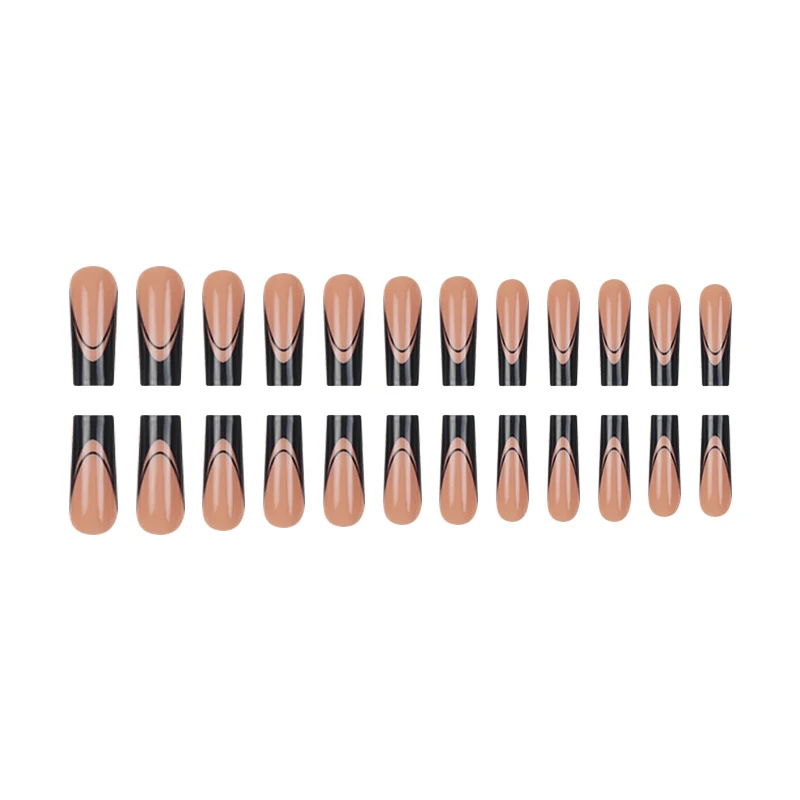 Faux ongles longs en forme de cercueil pour filles épicées, 24 pièces, noirs, français, à pression, couleur chair, portables, en acrylique, pour manucure à faire soi-même