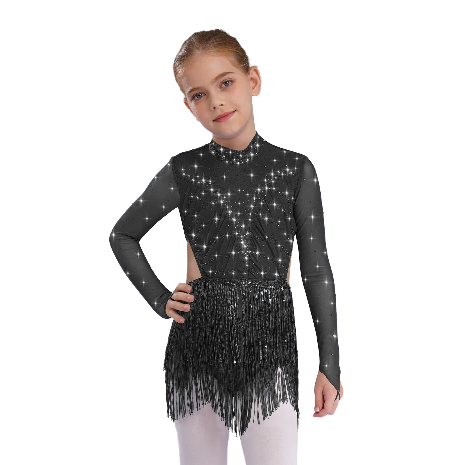 Kids Girls Backless Latin Dance Leotard Long Sleeve Shiny Rhinestones Sequins Tassels Skirt Bodysuit for Performance Competition