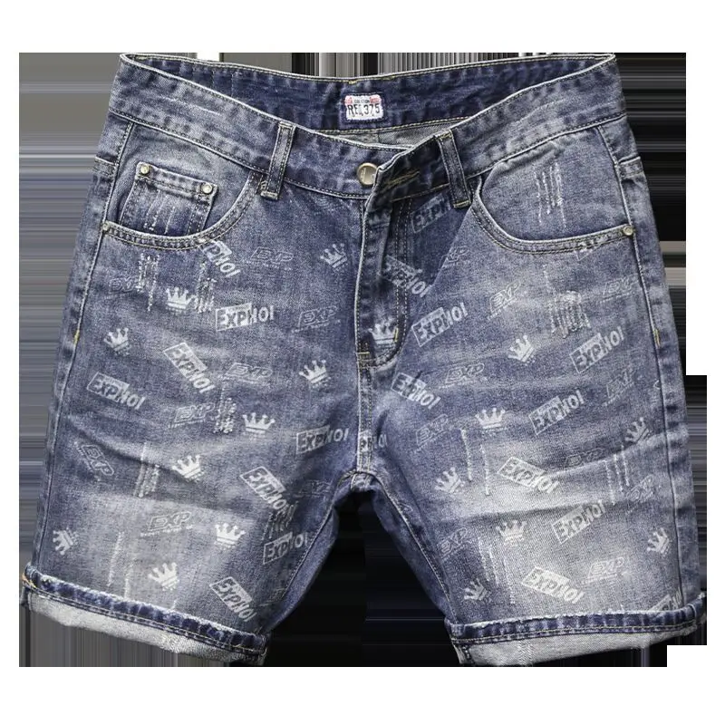 New Summer Luxury Clothing Denim Casual Short Jean Men Shorts Knee Length Washed Printed Fashion Korean Punk Trendy Cowboy Pants