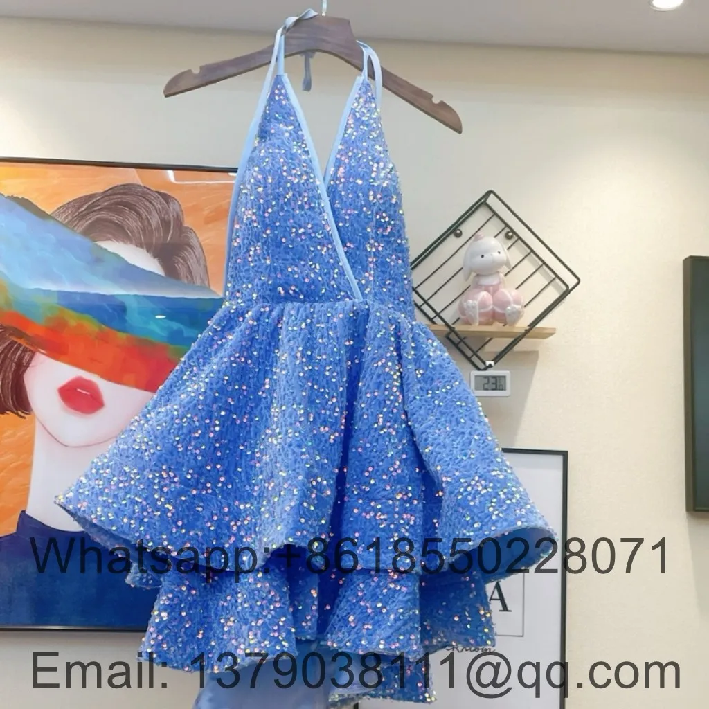 Roze Korte Prom Dresses Backless Tiered Rok Rekbaar Pailletten Verjaardag Partij Jassen Voor Avond Robe De Soiree Groothandel