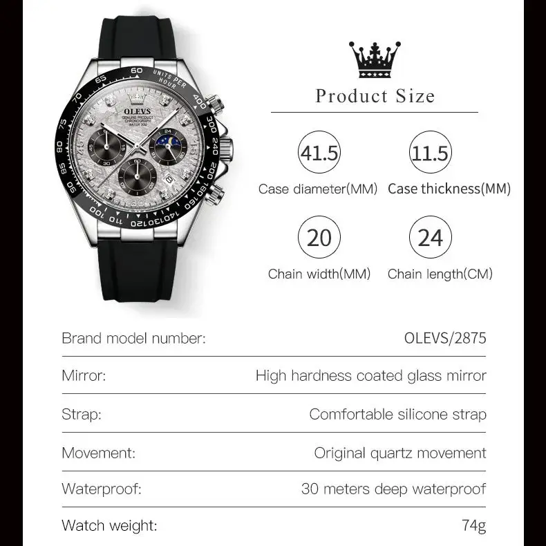 OLEVS 2875 Reloj para hombre, Reloj clásico de moda resistente al agua con fase lunar luminosa, cronógrafo Original de silicona deportivo de cuarzo para hombre, Reloj