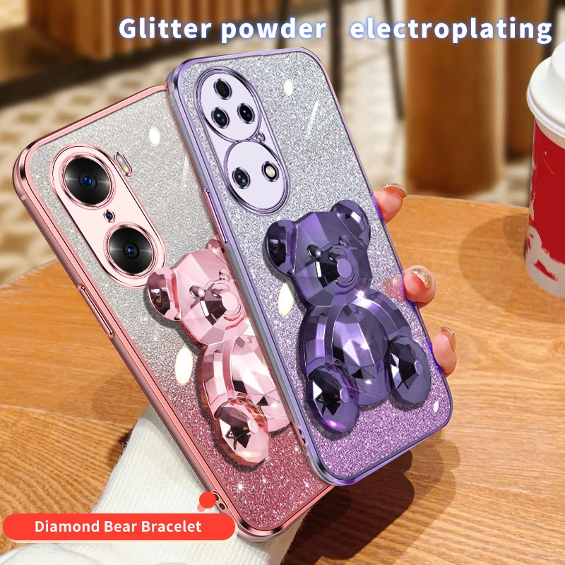 Honor50 60 Luxury Glitter Plating Bear Holder Case For Huawei Honor 60 20 50 30 90 Pro 30 20 Lite 30s Stand Cover Nova 10 11 Pro