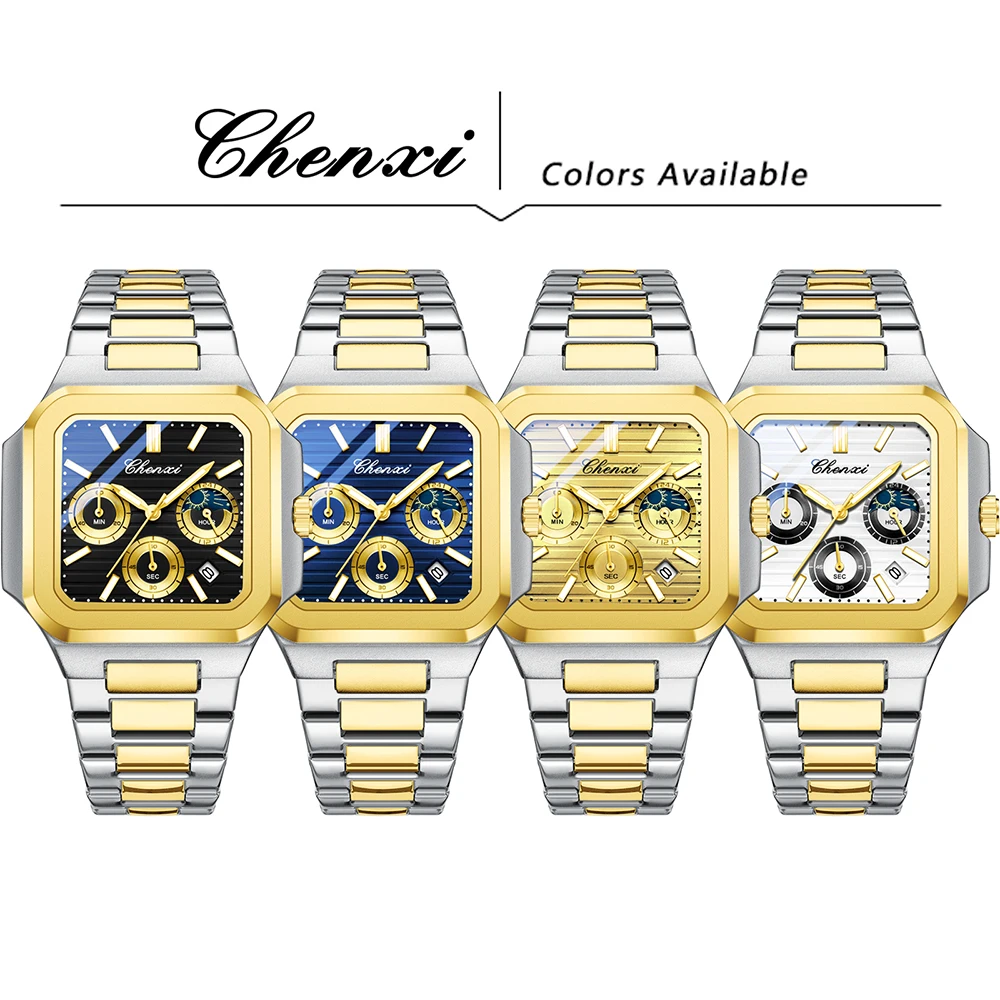 CHENXI Orologi d'oro da uomo Calendario luminoso con fasi lunari Orologio da uomo al quarzo Cronografo da uomo impermeabile da lavoro