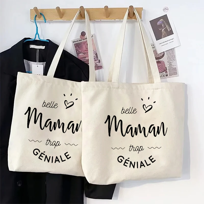 French Handwritten Mother Praise Design Tote Bag for Mom Heart Accents Shopping Bag Perfect Gift Mother's Day Travel Essential