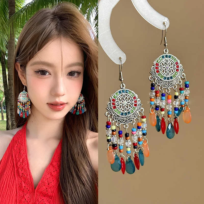 البوهيمي خمر خرز كريستالي شرابة قطرة استرخى أقراط للنساء هندسية اليدوية العرقية بيان بوهو مجوهرات الزفاف #1