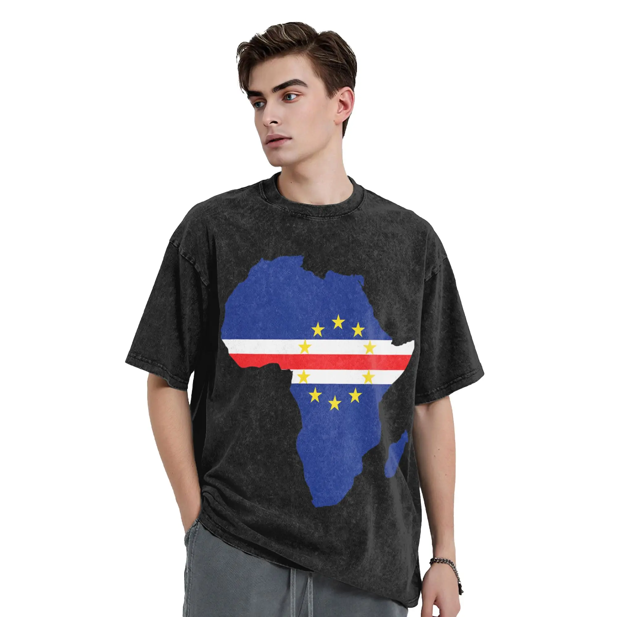 Cape Verde Flag Cabo Verde Map Washed T Shirt Streetwear  Vintage T-Shirts  Tees Tops Men Women Short Sleeve Oversize Summer