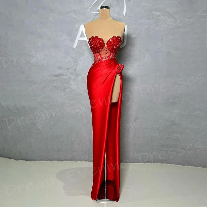 Fascinating Red Mermaid Graceful Women's Evening Dresses Classic Strapless Sleeveless Beaded Prom Gowns Split فساتين سعيد شارون