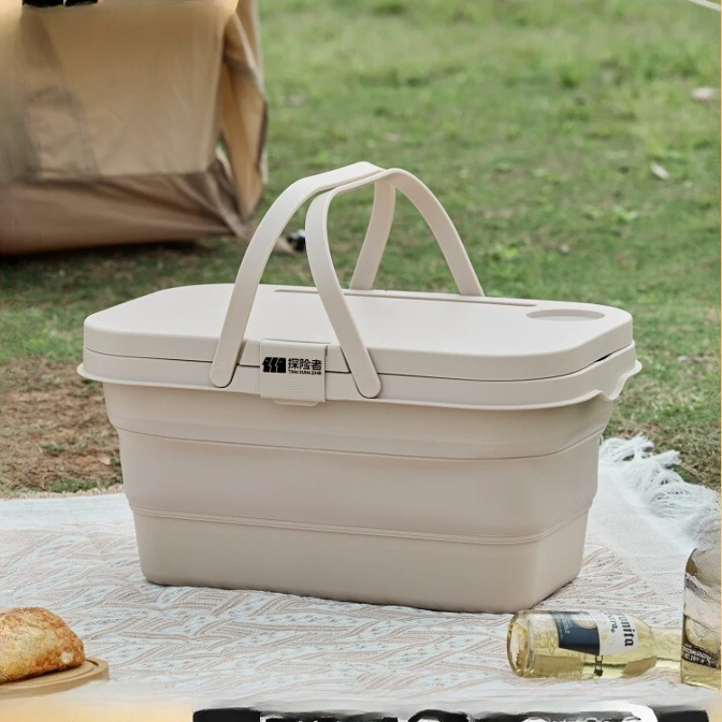 Instagrammable Outdoor Storage Box Portable Camping Organizer with Tabletop Slots, Multifunctional Picnic Basket for Beach