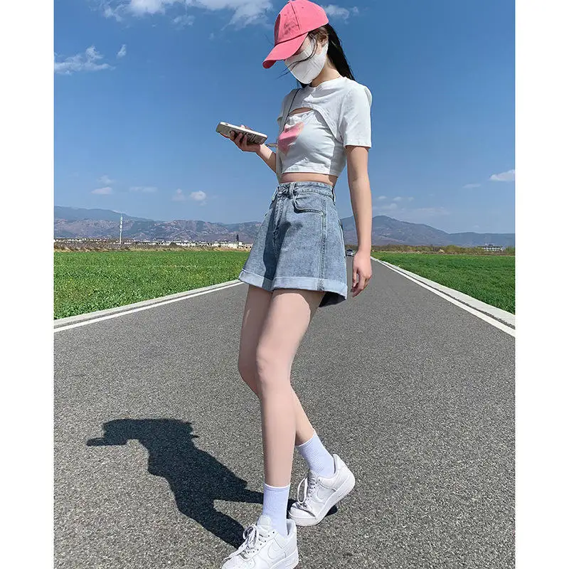 ゆったりとしたワイドレッグAライン オーツ レディース カジュアルデニム ロールアップヘム ハイウエスト サマーファッションデザイン 多用途ジーンズ オーツ