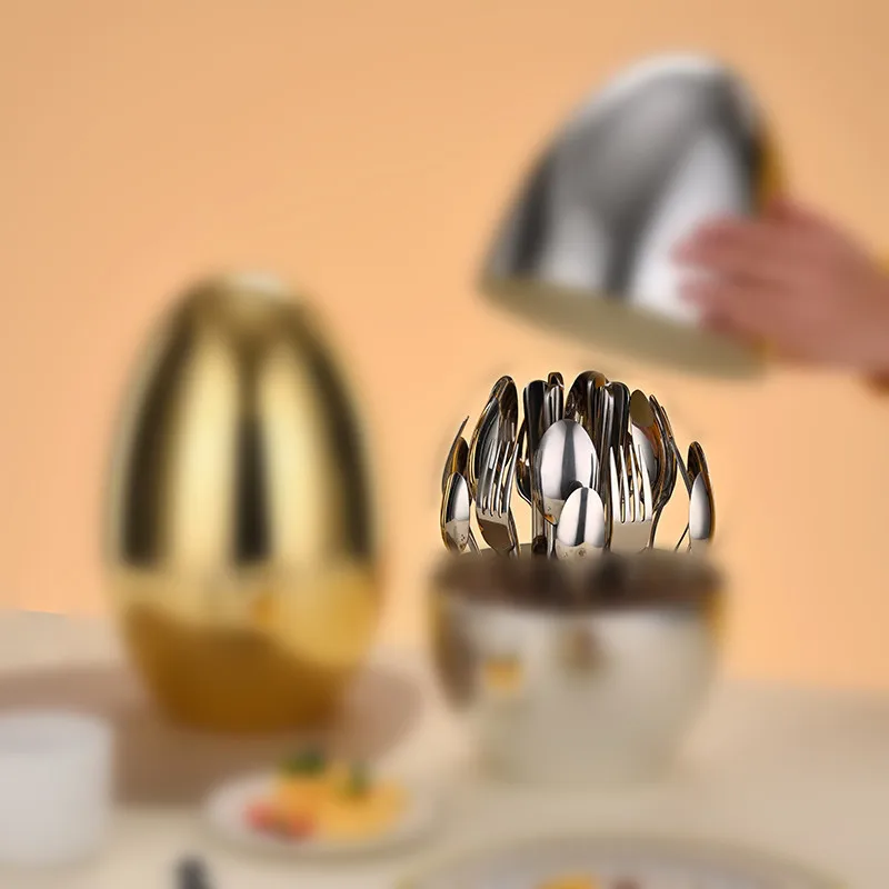 Cross border Mood Egg Tableware Gift Set Silver Gold Egg Colorful  Stainless Steel Knife, Fork, Spoon 24 Piece Set