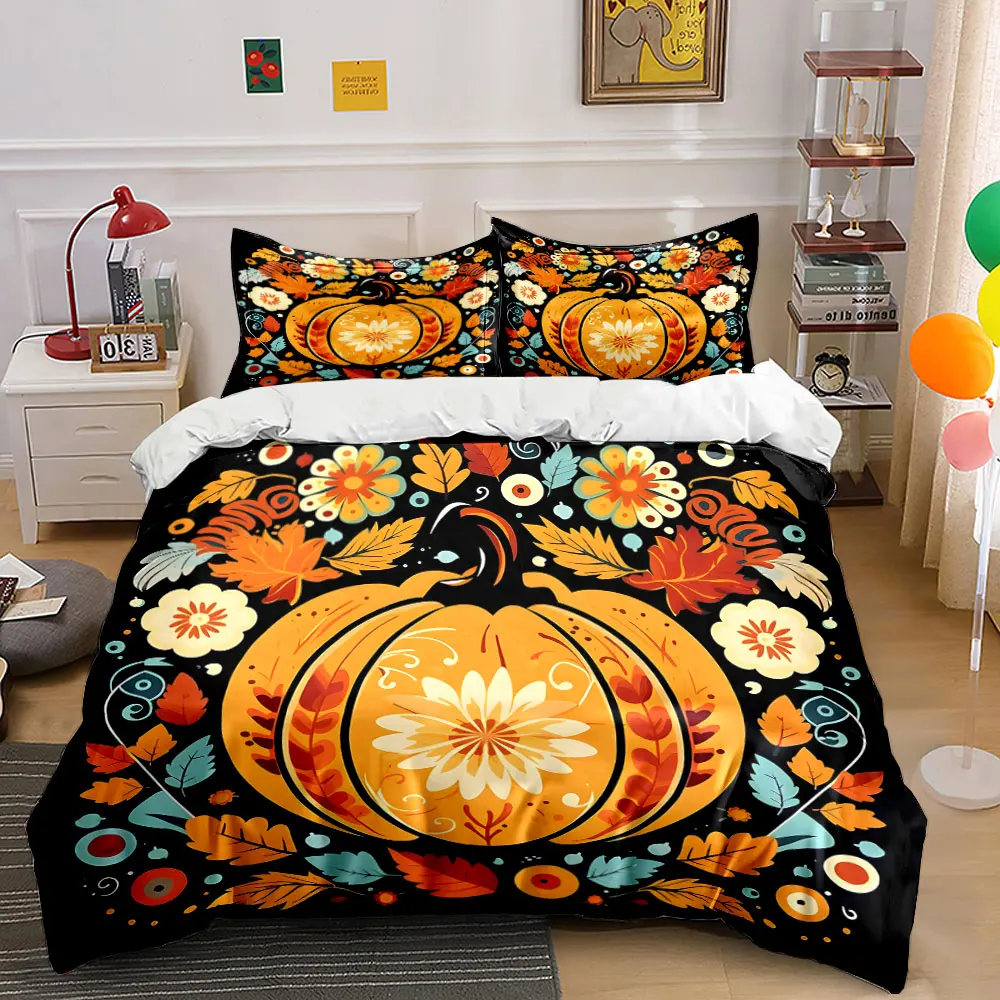 

Autumn Pumpkin Floral Decor Pattern Duvet Cover Set Digital Print Colorful Polyester Bedding with Zipper Closur for kids gifts