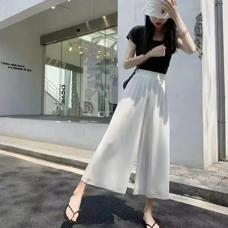 

Брюки женские с широкими штанинами, универсальные двухслойные свободные укороченные шифоновые танцевальные штаны с цветочным узором и высокой талией