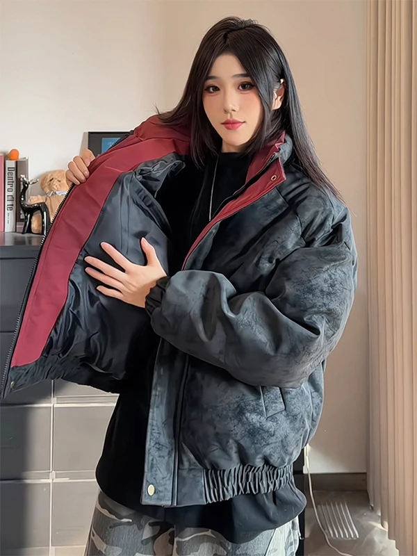 

Bla Dyed PU Leather Thiened Winter Jaet Cotton Coat Men's High Street Stand Collar Cleanfit Cotton Padded Parka