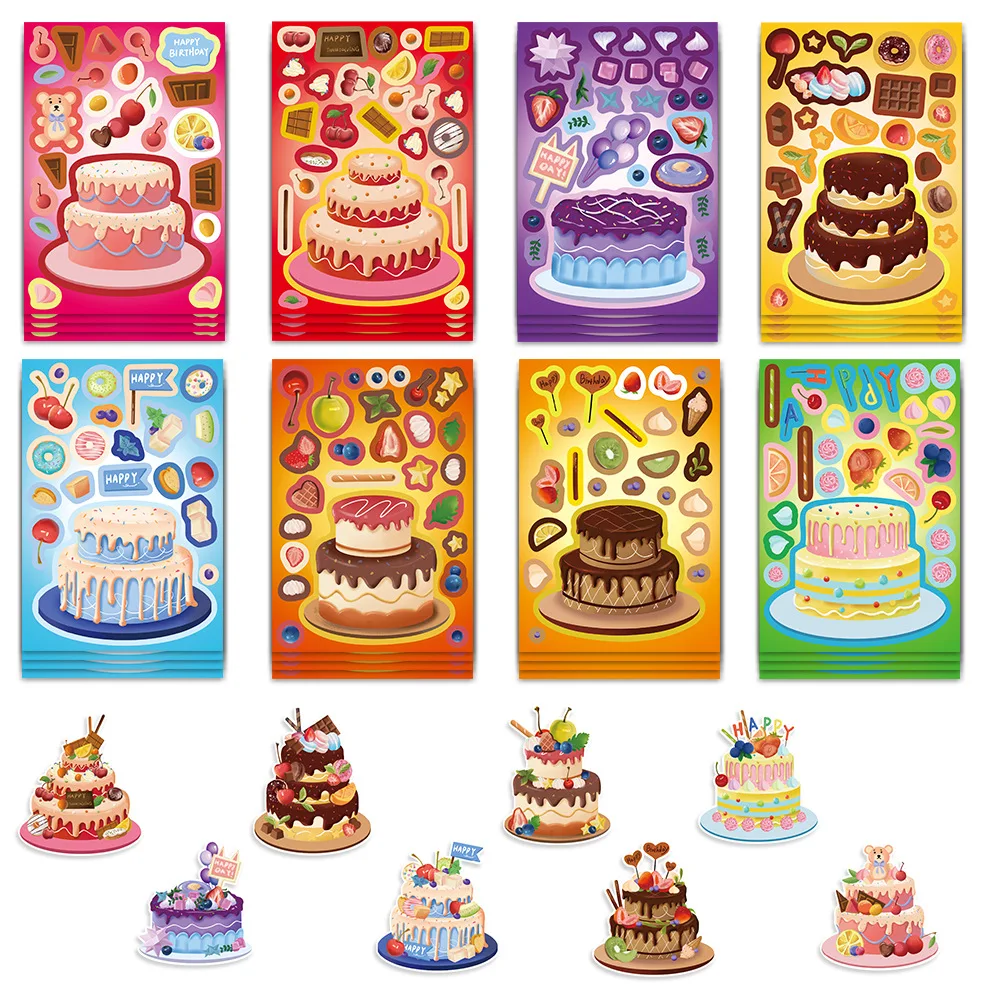 

8/16Sheets Cartoon Birthday Cake Puzzle Stickers Make a face Creative Graffiti Decal Children's Toys DIY Scooter Pencil Box