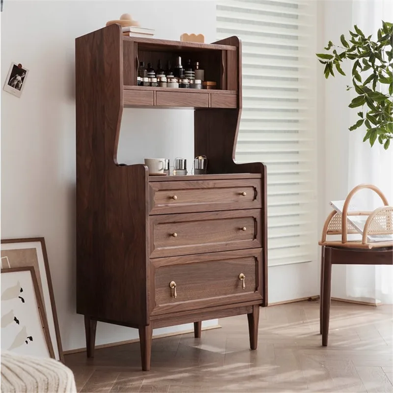 Mesa de maquiagem nórdica medieval, personalizável, nogueira preta, quarto, moderno, madeira de cerejeira, armário de armazenamento de parede integrado