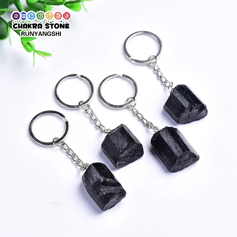 LLavero con colgante de turmalina negra, espécimen Mineral Natural, energía curativa, piedra de chorro Irregular, protección de cuarzo, 1 ud.