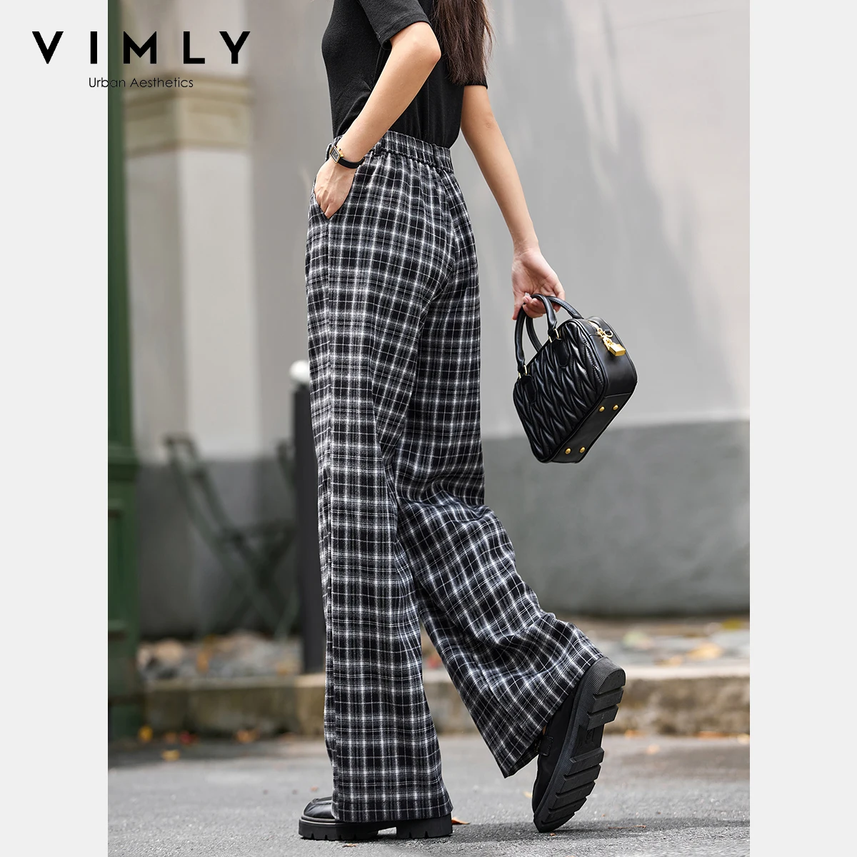 VIMLY Woman Plaid Trousers England Style Autumn 2025 New Baggy Button Female Pants Casual Pockets Long Pants Ropa De Mujer A2788