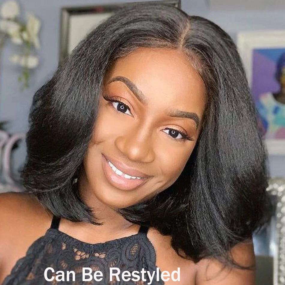 Kinky Straight Wear And Go Human Hair Bob Wig for Women 13x4 HD Transparent Lace Frontal 12A Peruvain Glueless Soft Yaki Bob Wig