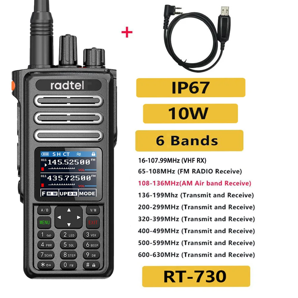 Top RT-730 IP67 impermeable 10w banda aérea Walkie Talkie banda completa Amateur Ham 199CH HT USB-C batería NOAA FM AM UHF VHF Satcom