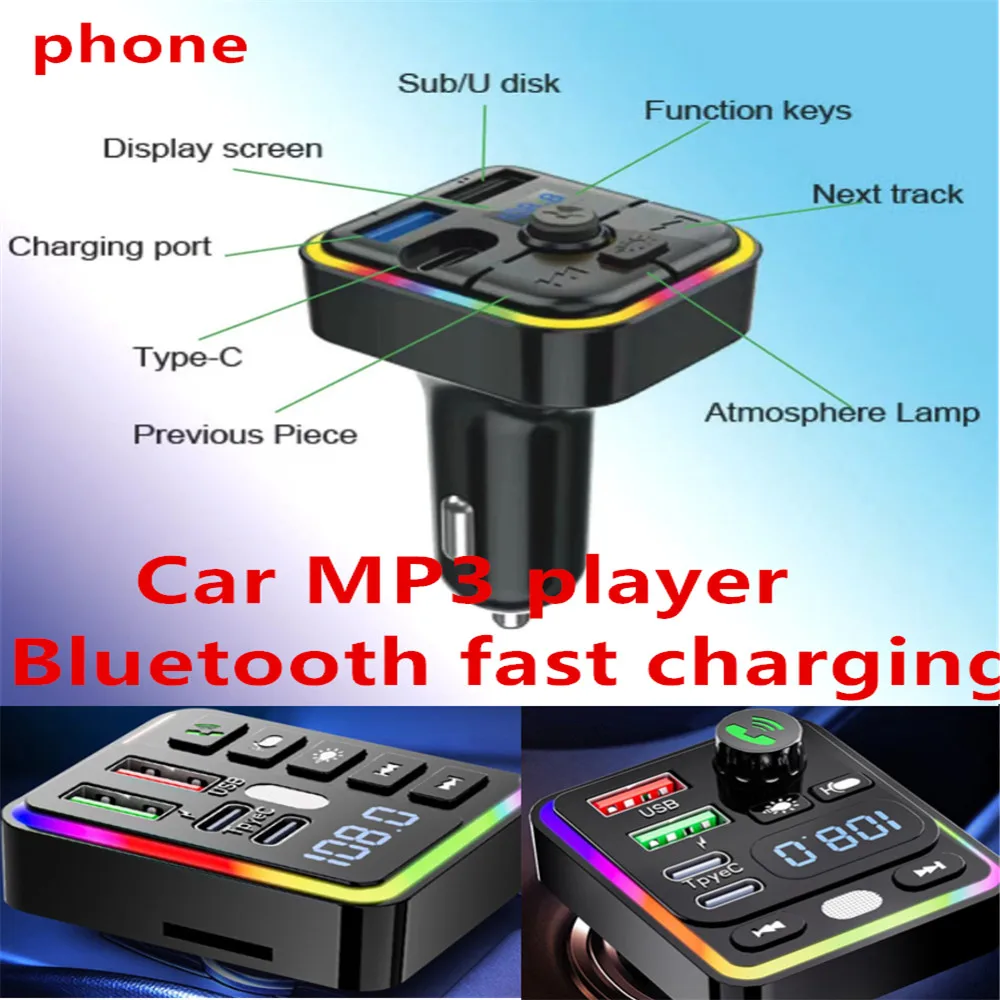 

Car MP3 Bluetooth 5.0 FM Transmitter Dual USB 3.1A PD Type-C Fast Charger Colorful Ambient Light Car Accessories Player Kit