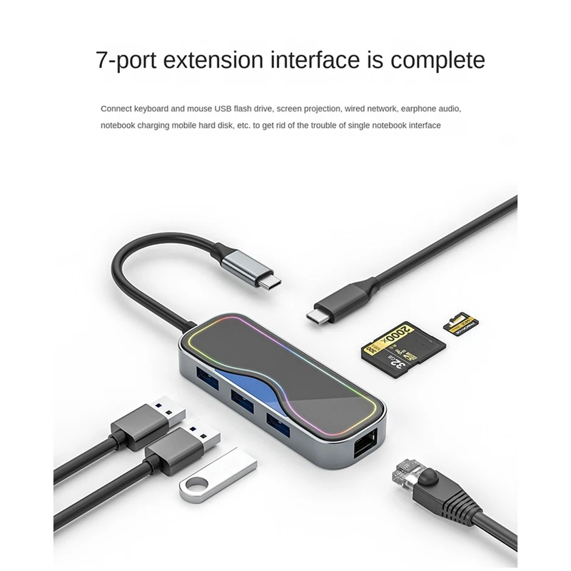 7-In-1 Type-C Docking Station Gigabit Network Port Docking Station HUB Hub Extender USB3.0 Splitter Computer Spare Parts