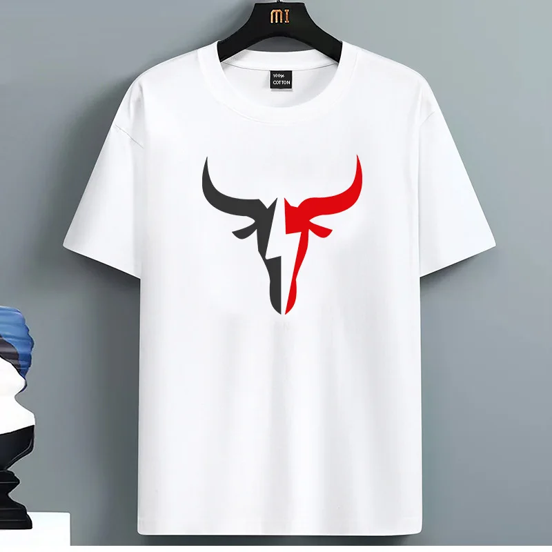 Camiseta blanca de manga corta con estampado de cabeza de toro negro y rojo, camiseta informal de verano para hombre