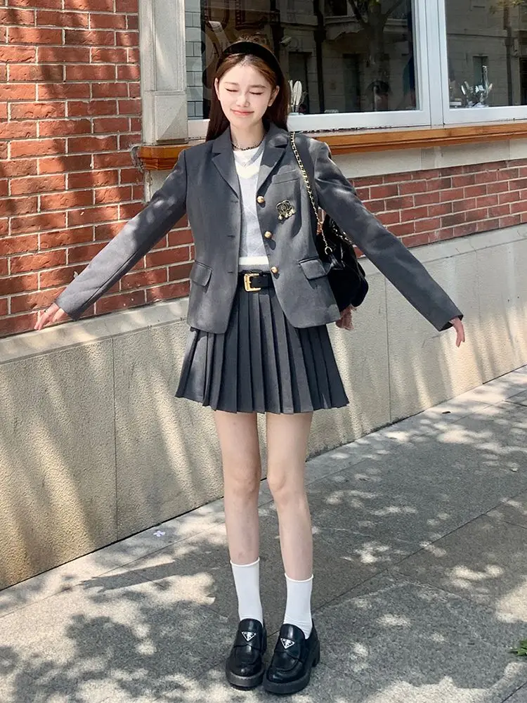 Japan Korea Retro School Uniform Autumn Winter New Women College Style Blazer Suit Jacket High Waist Jk Daily Jk Unifrom Set