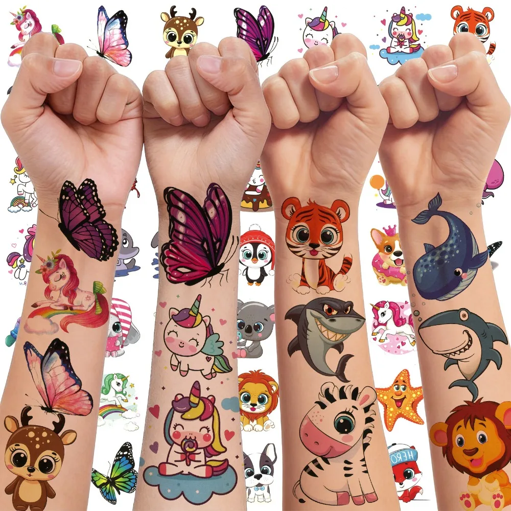 50pcs Random Patterns Cute 3D Animals Butterfly Mermaid Unicorn Kids Temporary Tattoos for Boys Girls 3D Cartoon Fake Tattoos