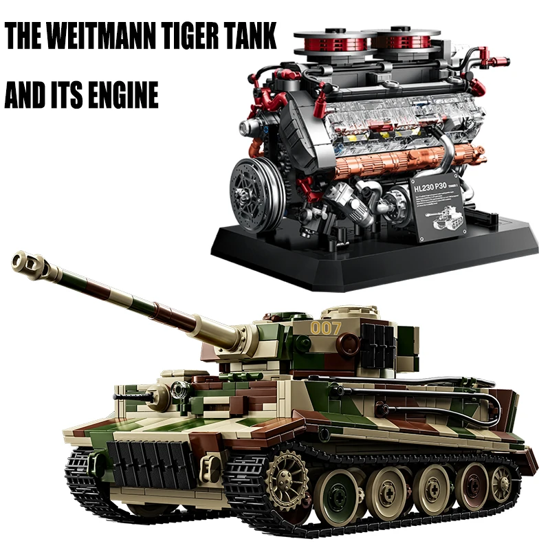 

WWII The Weitmann Tiger tank 007 and its engine Building Blocks Kit German military theme Model Bricks Puzzle Toys Kids Boy Gift