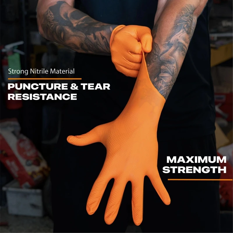 Heavy Duty Orange Nitrile Gloves Disposable 8Mil Diamond Textured Grip Industrial Gloves for Men Gardening Yard Lawn Work Safety