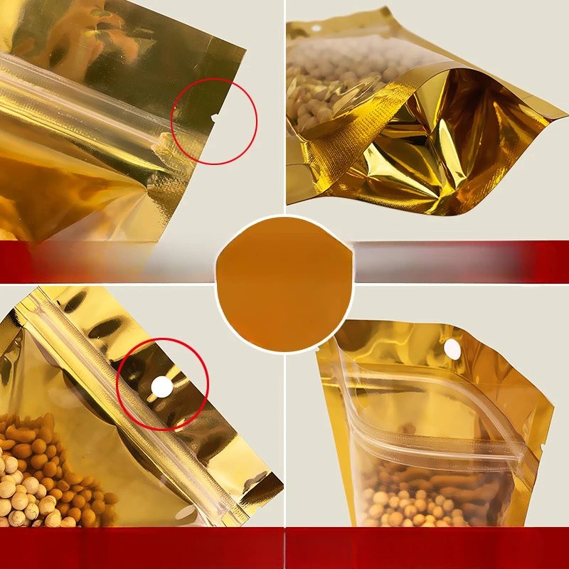 100 قطعة من رقائق الألومنيوم الذهبية مع فتحة تعليق للمكسرات والوجبات الخفيفة والمواعيد الحمراء وحقيبة التعبئة والتغليف القابلة للغلق بسحاب