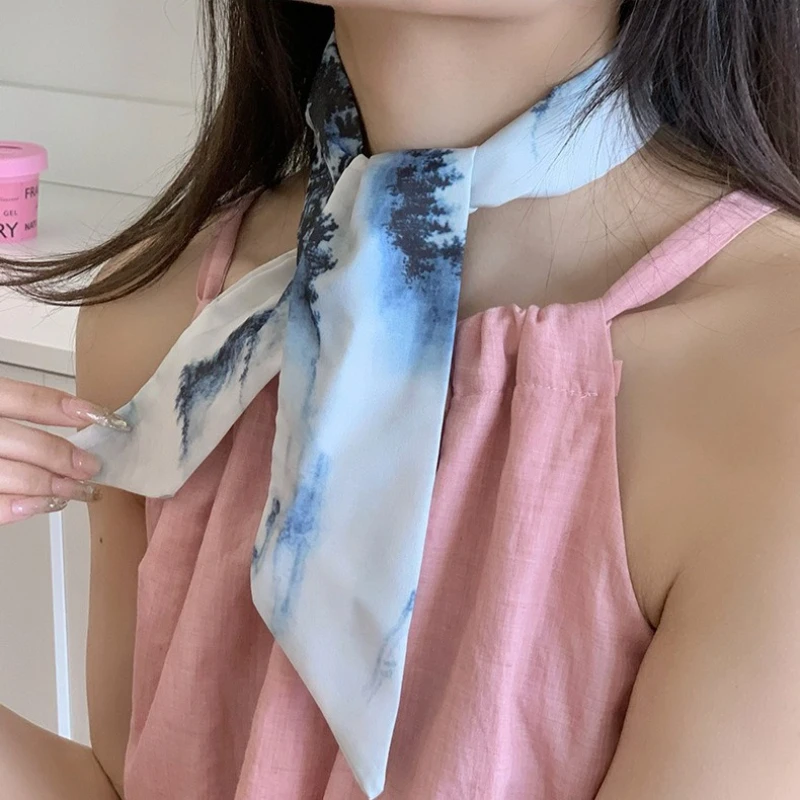 

Vintage Lotus Leaf Print Scarves 2025 Brand Design Women Skinny Bag Scarves Hair Band Neck Silk Scarf Ladies Foulard Headband
