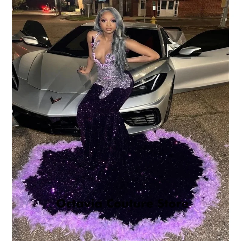 فساتين حفلة موسيقية فاخرة باللون الأرجواني الداكن للفتيات السود رائعة حورية البحر ترتر ريشة فساتين سهرة ماسية لعيد الميلاد الرسمي حسب الطلب