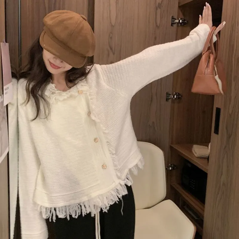 Stylish Tassel Loose Knitted Sweaters Female Clothing Casual Solid Color Autumn Winter O-Neck Commute Single-breasted Cardigan