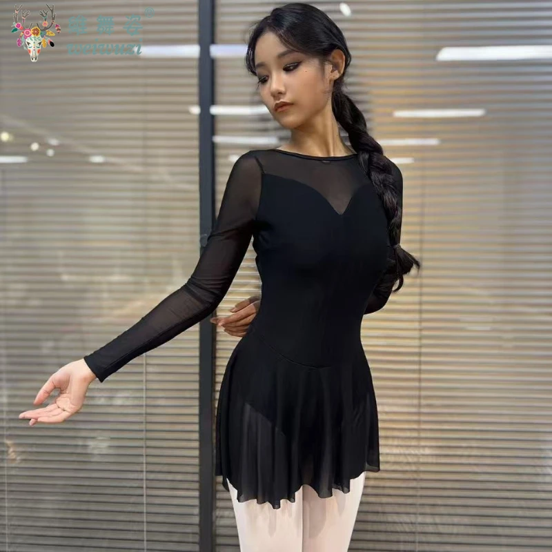 

Костюм для балета и гимнастики: удобное и дышащее платье с длинными рукавами и открытой спиной из сетчатой ткани, одежда для танцевальных занятий, боди.