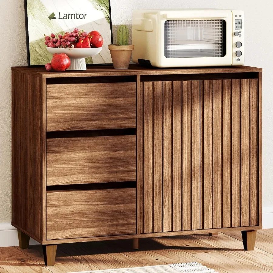 Sideboard Buffet Cabinet with Storage Walnut Coffee Bar Cabinet with 3 Drawers 2 Doors Fluted Storage Cabinet for Kitchen Livin