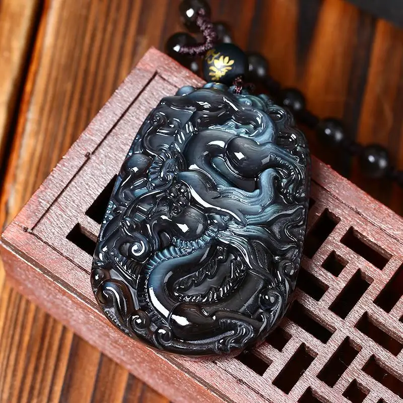 Natural Ghost Eye Blue Eye Ice Color Obsidian Flying Dragon Spinning Xuan Long Tianshou Silver Dragon Pendant Necklace