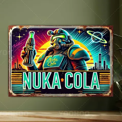 Retro Nuka Cola Wall Art Aluminum Sign with Futuristic Robot - Pre-Drilled for Game Rooms & Themed Bars - Fallout Gaming Deco