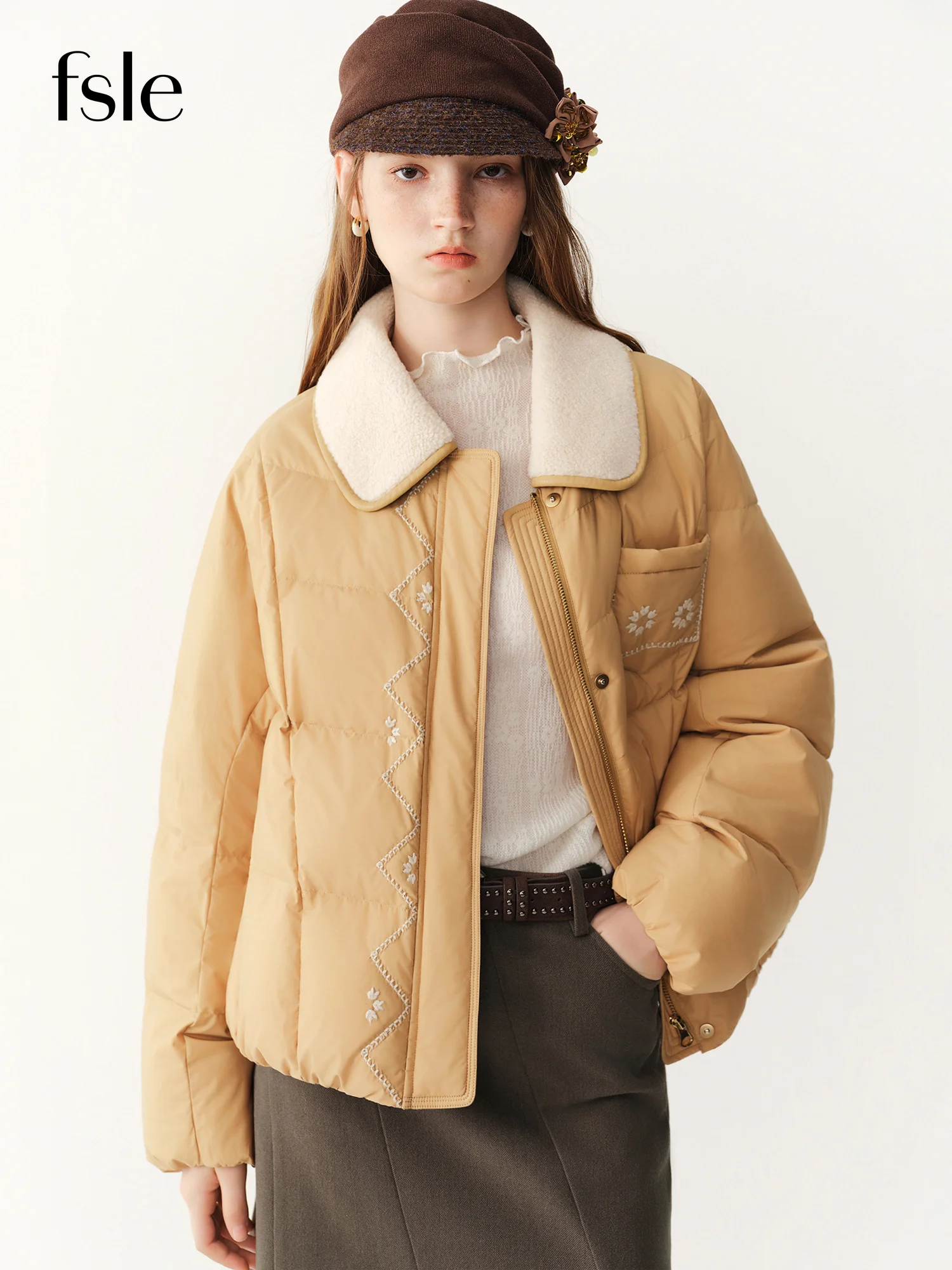 FSLE 2026 Winter Women's Korean Style Baby Doll Collar Embroidered White Duck Down Short Puffer Jacket Casual Warm Cropped Coat