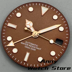 29mm Brown Coffee Dial With Silver Rose Edge Time Marks Green Luminous For NH34 NH35 Movement Date Window